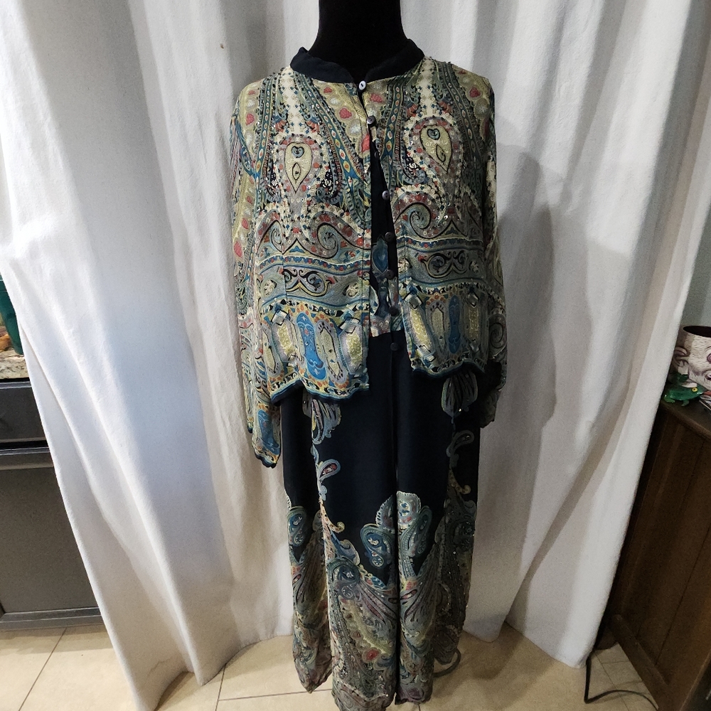 Rene Derby Top Tunic Cape Cover Womens  Multicolor Paisley Print Sequins